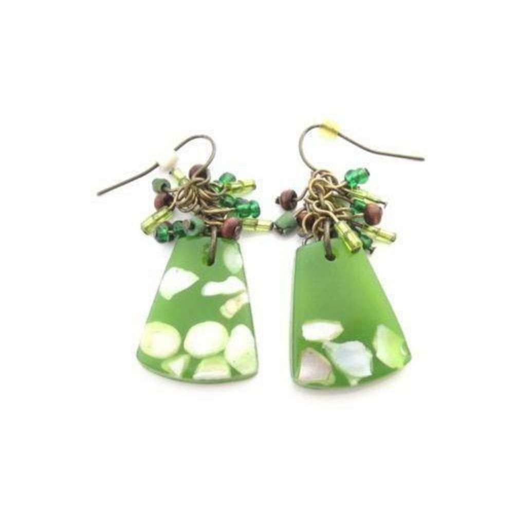 Green Resin Inlaid Mother Of Pearl With Bead Cluster‎ Drop Dangle Earrings